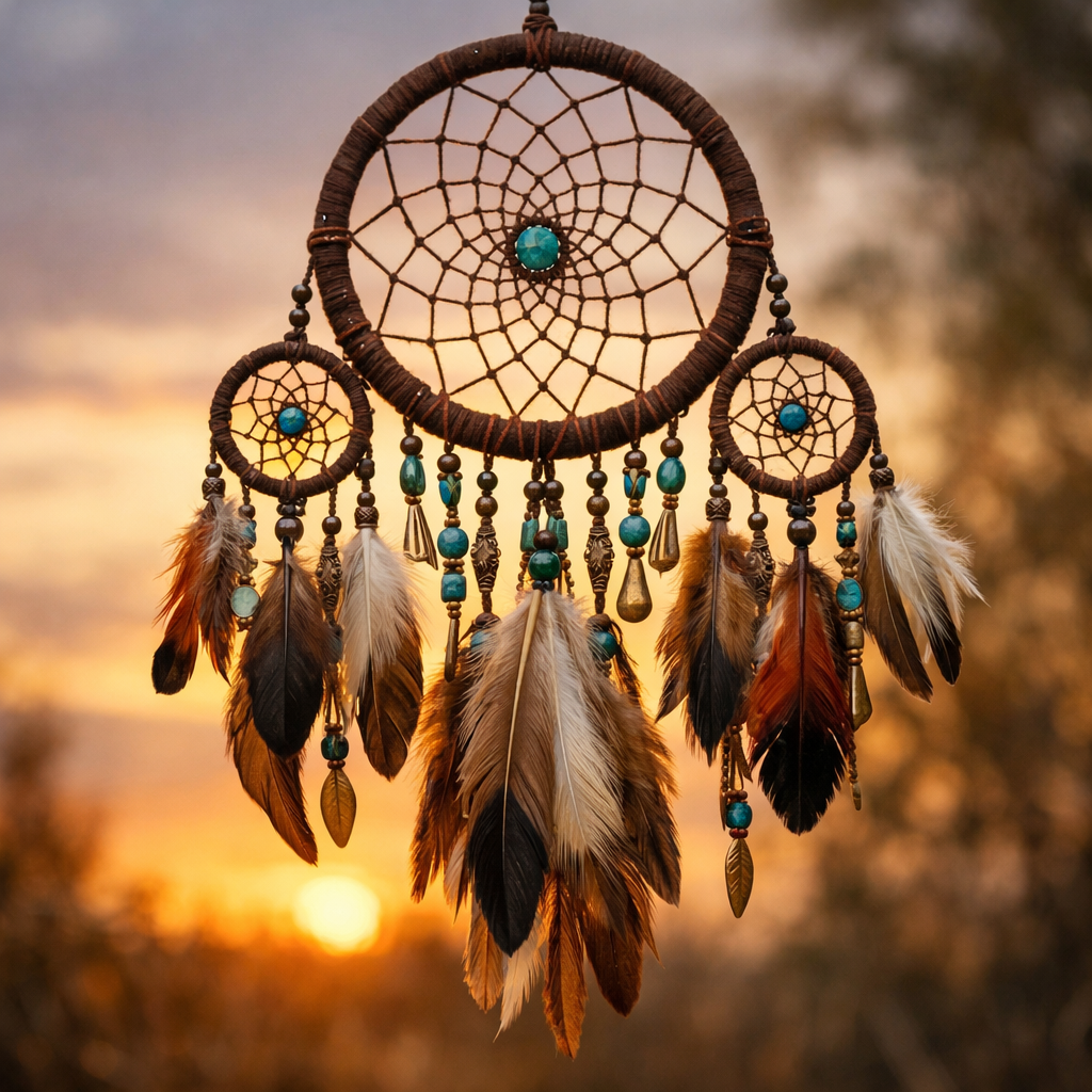 Dreamcatcher with turquoise beads and multicolored feathers hanging at sunset