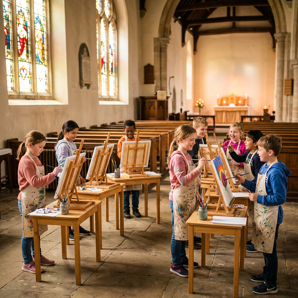 Children painting on easels in a church with stained glass windows