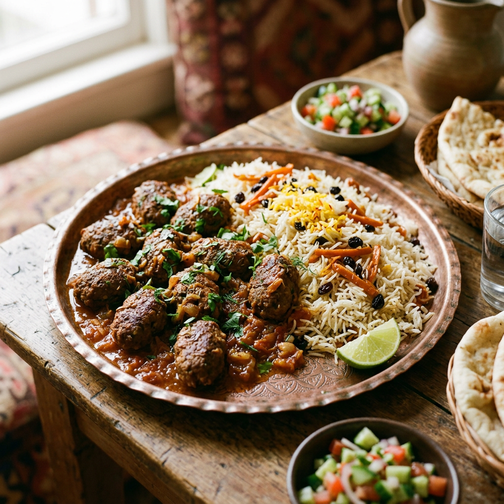 Copper plate with spiced meat koftas in sauce alongside saffron rice with raisins and slivers of carrot, accompanied by lime wedge and salad bowls