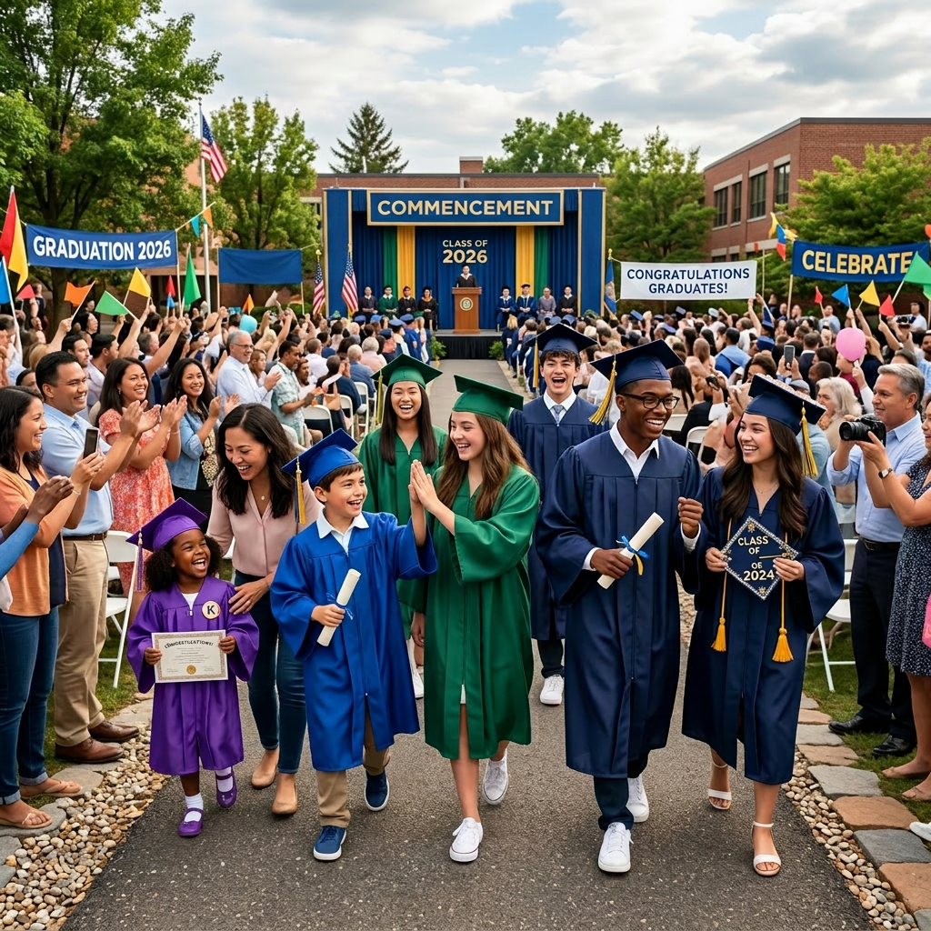 A group of diverse graduates in caps and gowns walking through an outdoor ceremony with a crowd applauding