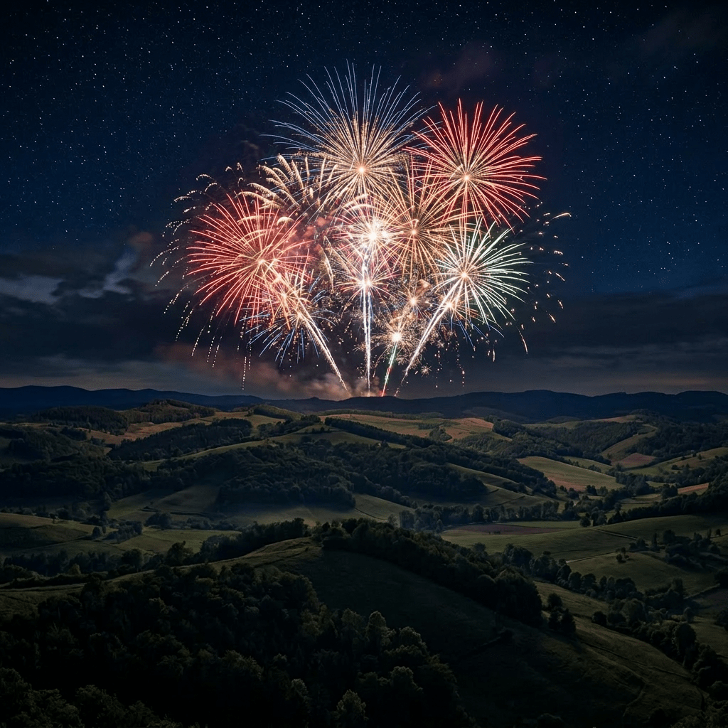 Multicolored fireworks burst in the night sky over a dark rural landscape with scattered lights