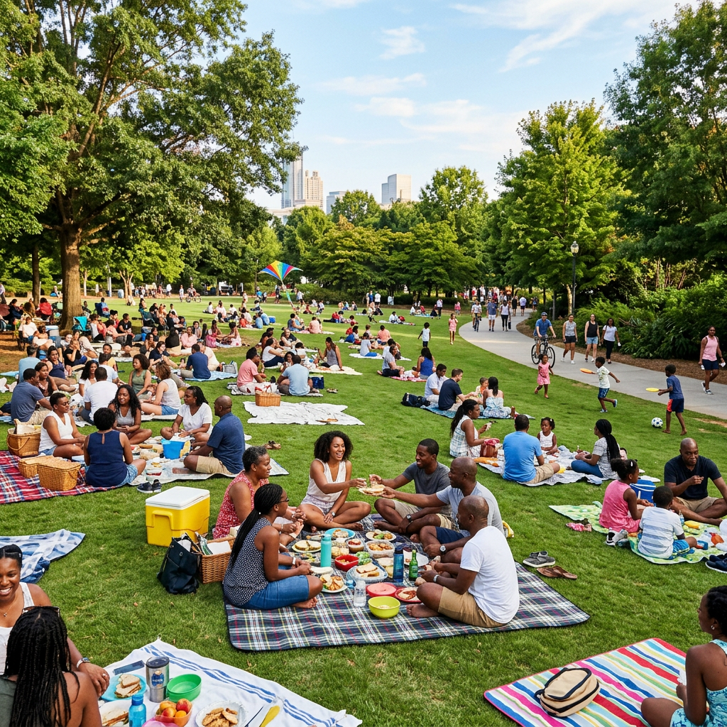 Groups of people having picnics on blankets and children playing in a green park with city buildings in the background