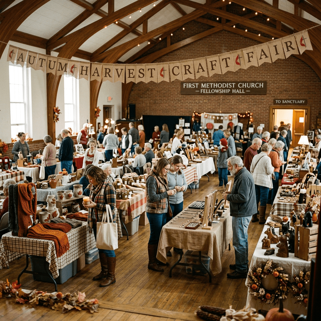 Indoor autumn craft fair with people browsing tables of handmade goods