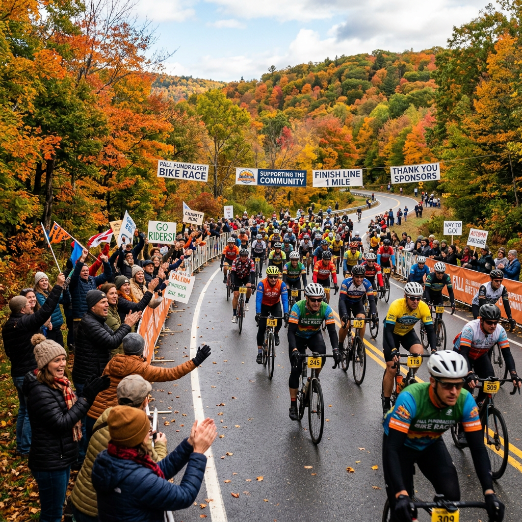 Cyclists racing on a winding road surrounded by fall foliage with spectators cheering