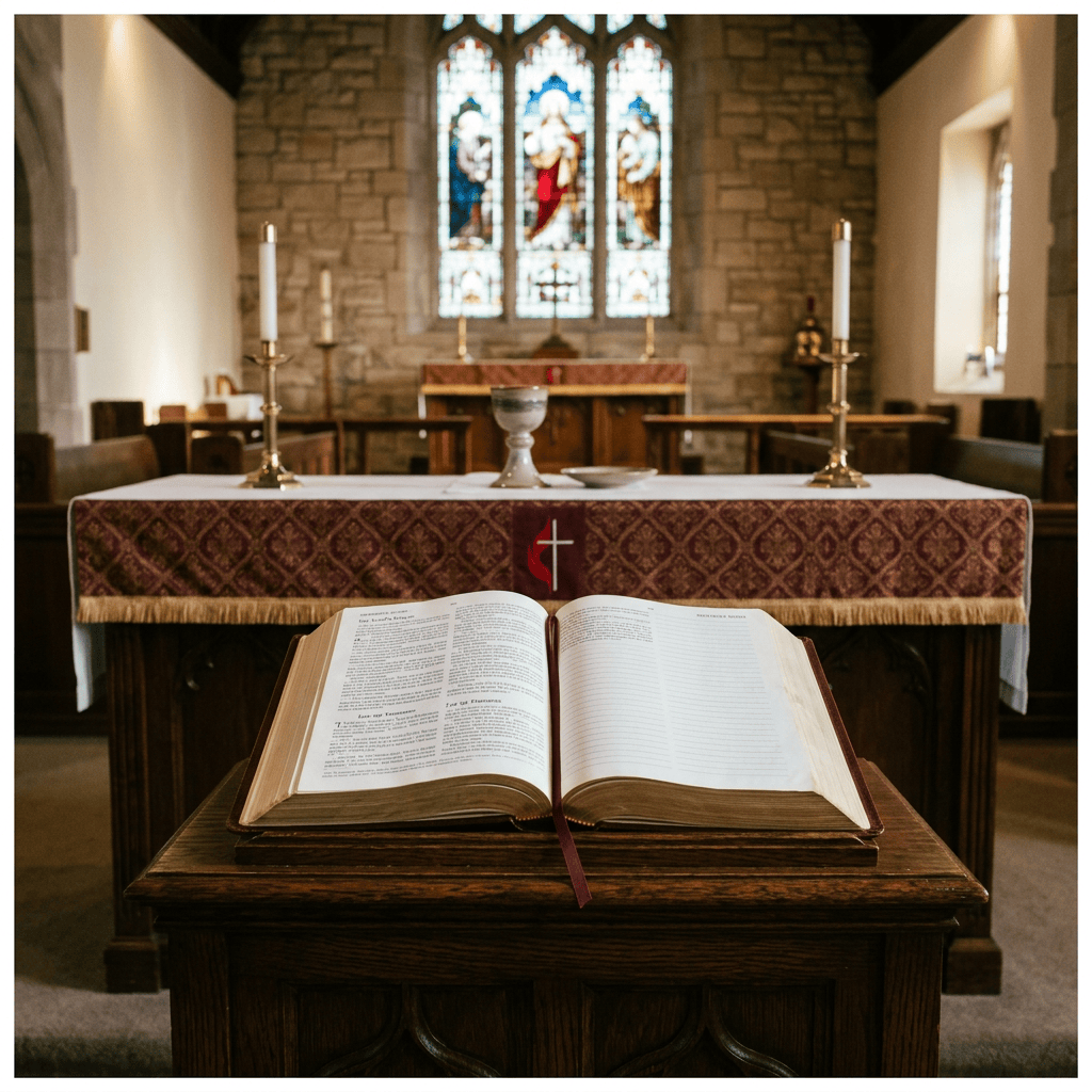 Open Bible on a church lectern facing an altar and stained-glass windows
