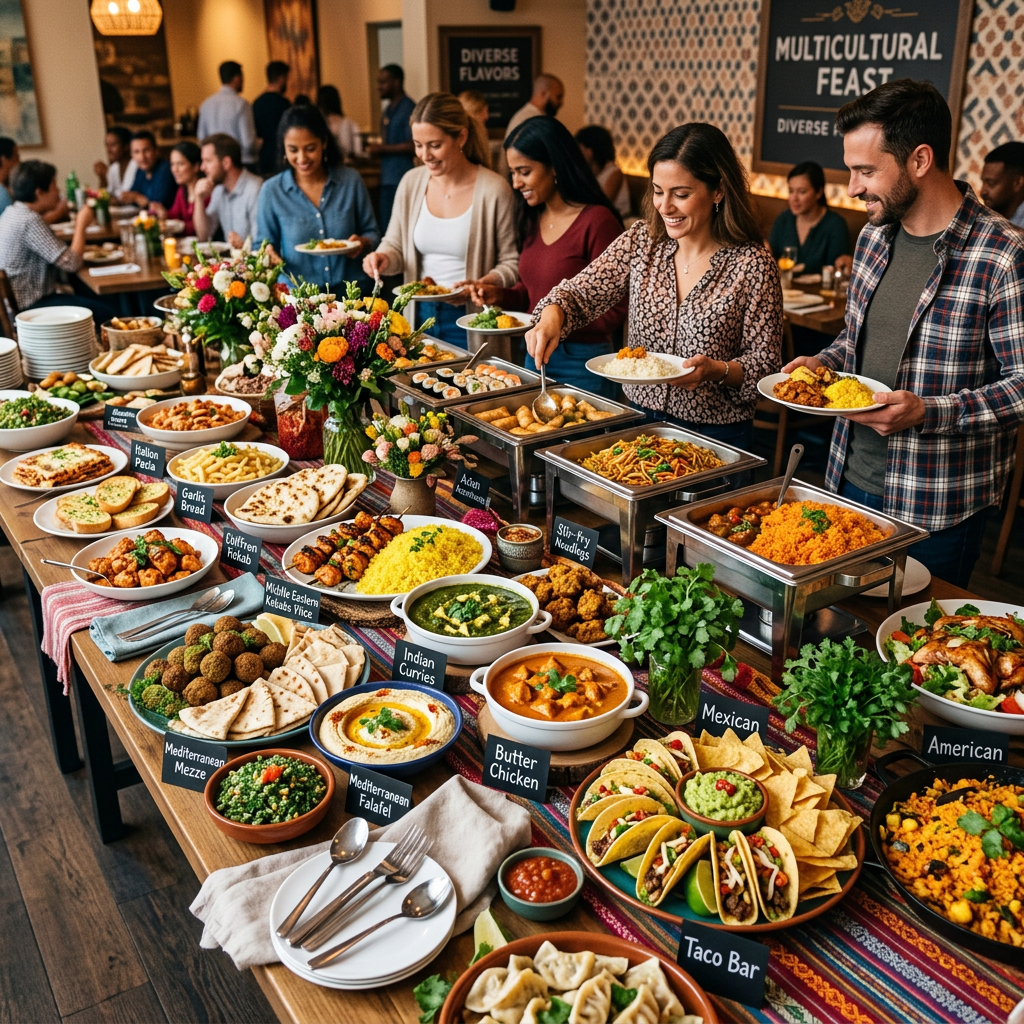 Multicultural buffet of food on a table