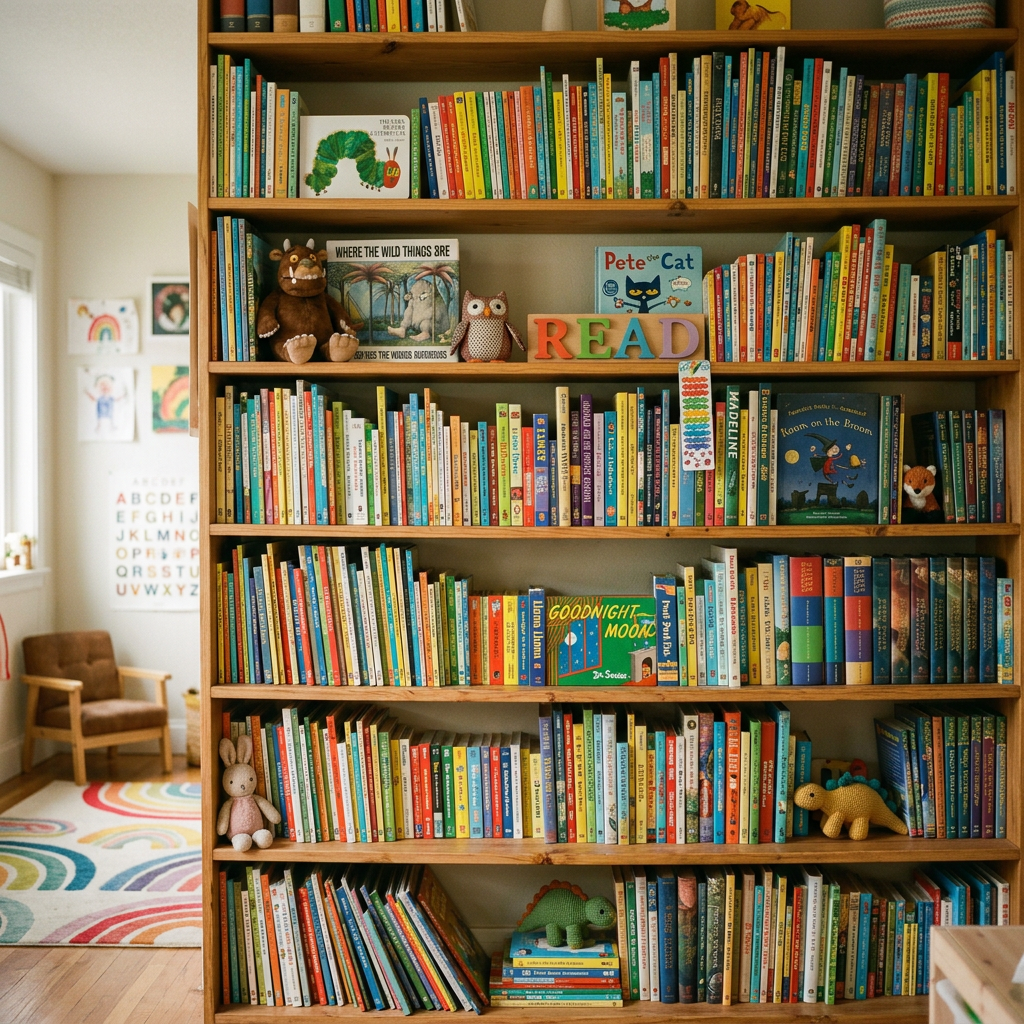 Floor-to-ceiling bookshelf filled with children’s books and stuffed animals